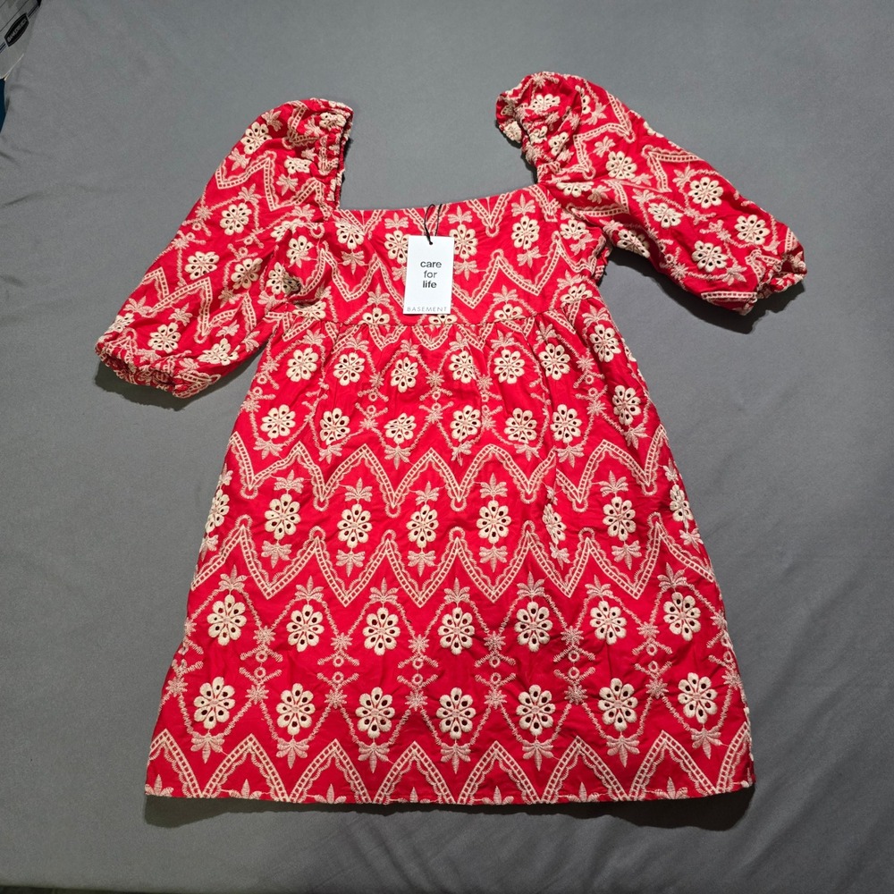 Basement Eyelet Mini Dress Womens 4 Red White Floral Embroidery Puff Sleeve